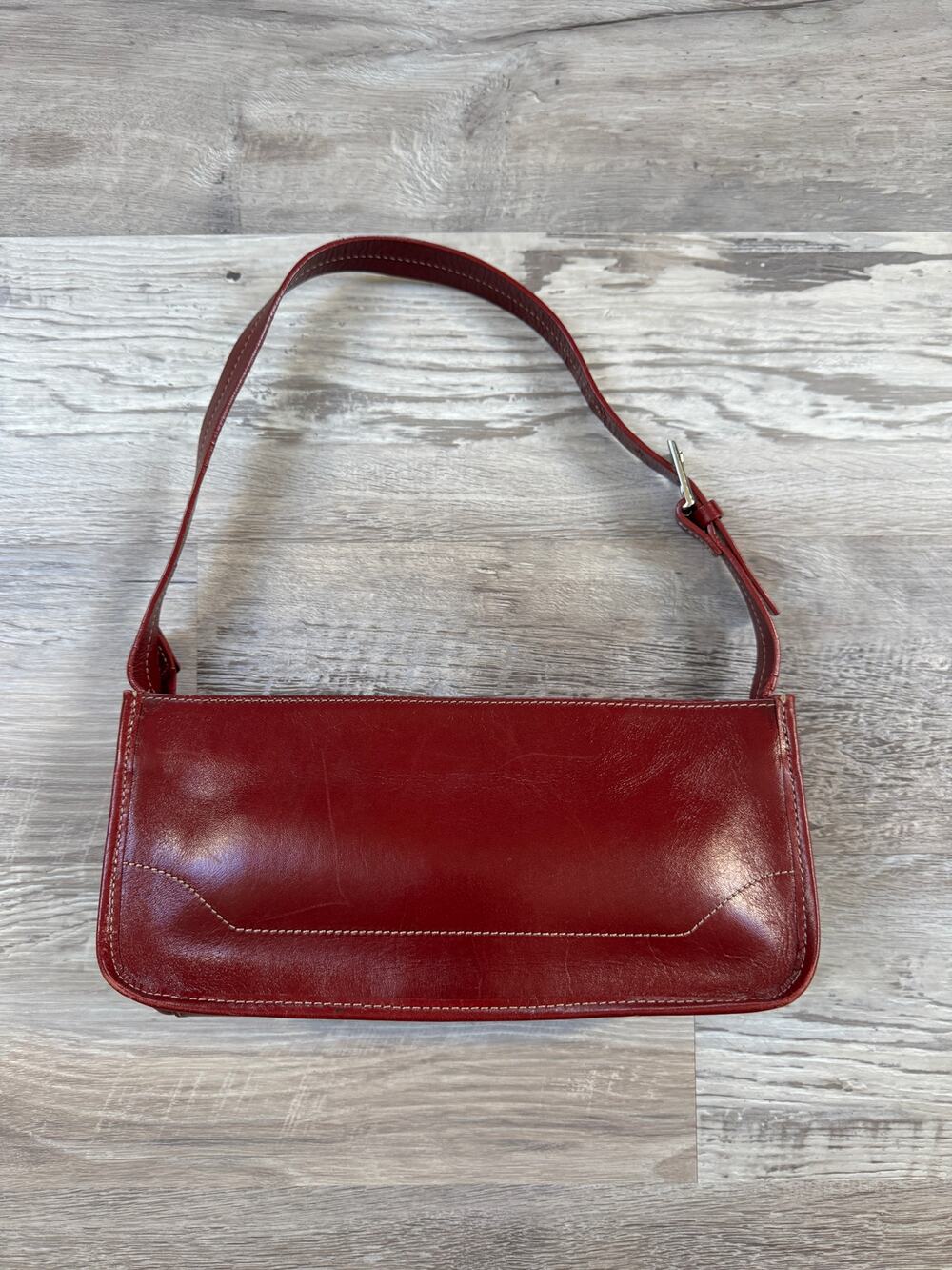 Vintage 90s Burgundy Red Leather East West Baguette Shoulder Bag Y2K Minimalist